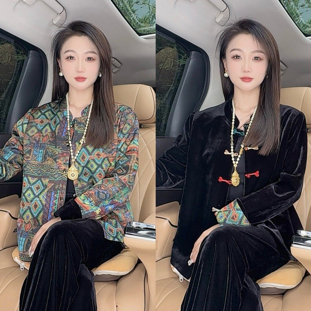 2025春秋季新中式新款国风丝绒立领双面穿外套女装高级感轻奢上衣,女装/女士精品,短外套,淘宝优惠券,粉丝福利购,淘宝优惠卷