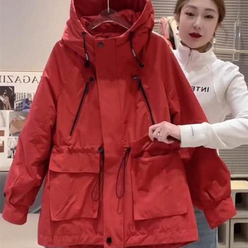 连帽冲锋衣外套女2025秋冬新款收腰显瘦休闲百搭加棉加厚夹克上衣