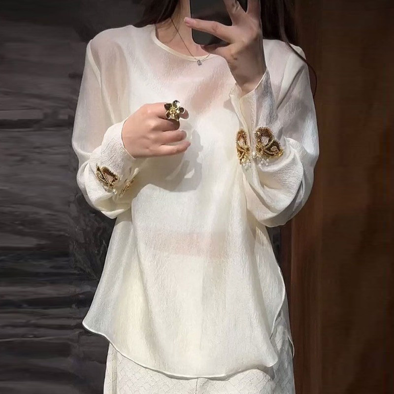 新中式国风白色长袖衬衫女春2026新款蝴蝶结钉珠薄款衬衣套头上衣