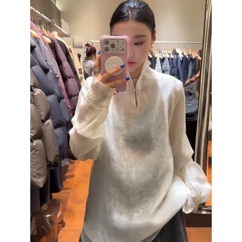 2026春秋季新中式国风立领衬衫女长袖高级感提花显瘦遮肉打底上衣