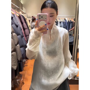 2026春秋季新中式国风立领衬衫女长袖高级感提花显瘦遮肉打底上衣