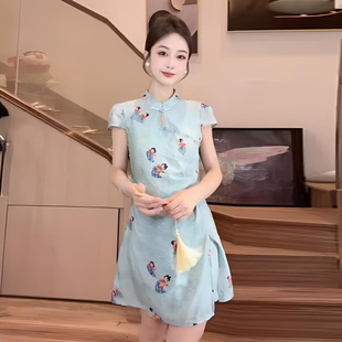 两件套 休闲新中式 国风连衣裙套装 女2025夏季 洋气减龄旗袍上衣短裤