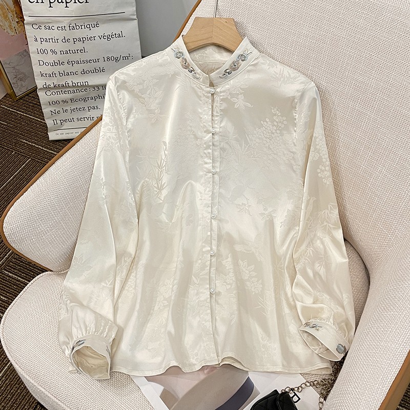 2025春秋季新中式内搭打底衫女装长袖刺绣盘扣衬衫国风改良上衣潮