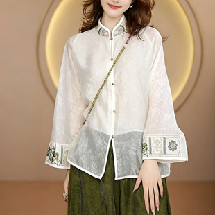 2026春秋新中式国风刺绣长袖衬衫女装宽松显瘦高级感轻奢打底上衣