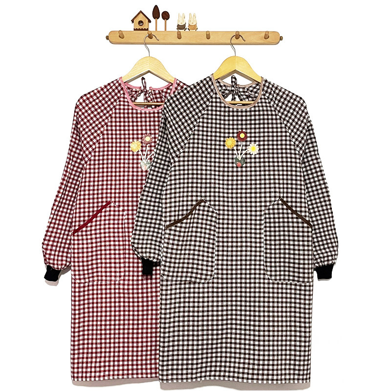 韩版格子长袖围裙厨房家用新款加厚棉布罩衣成人女上班干活穿做饭