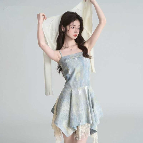 夏季韩系甜美温柔风扎染蕾丝吊带露肩连衣裙女开衫两件套