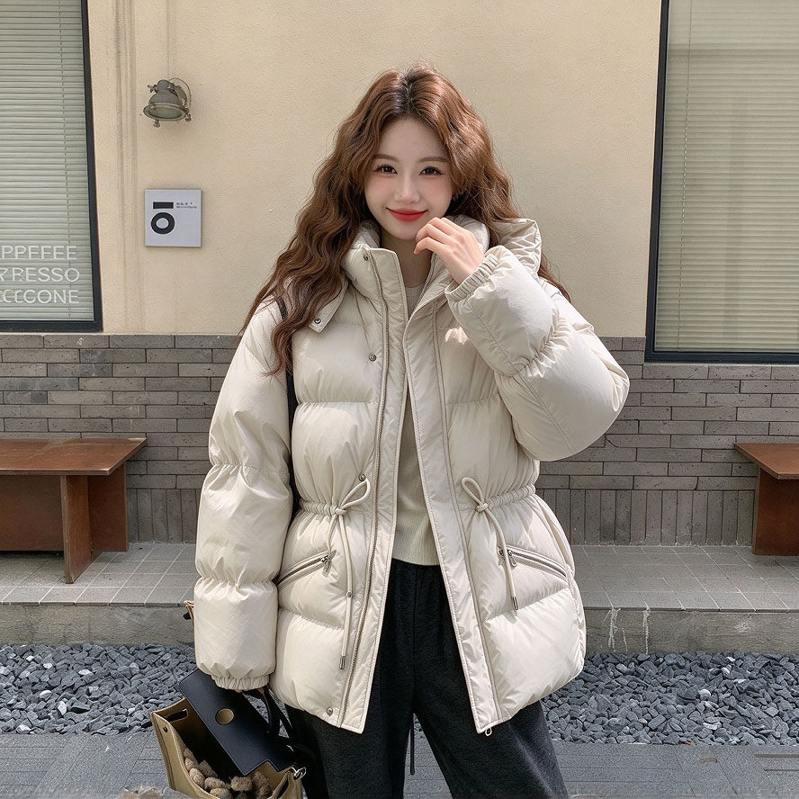 韩系黑色连帽抽绳收腰棉服外套女冬季设计感加厚保暖外搭棉衣上衣