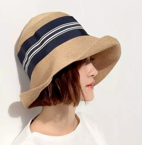2018春夏日本款女士条纹带蝴蝶结装饰可折叠优雅盆帽渔夫帽草帽子