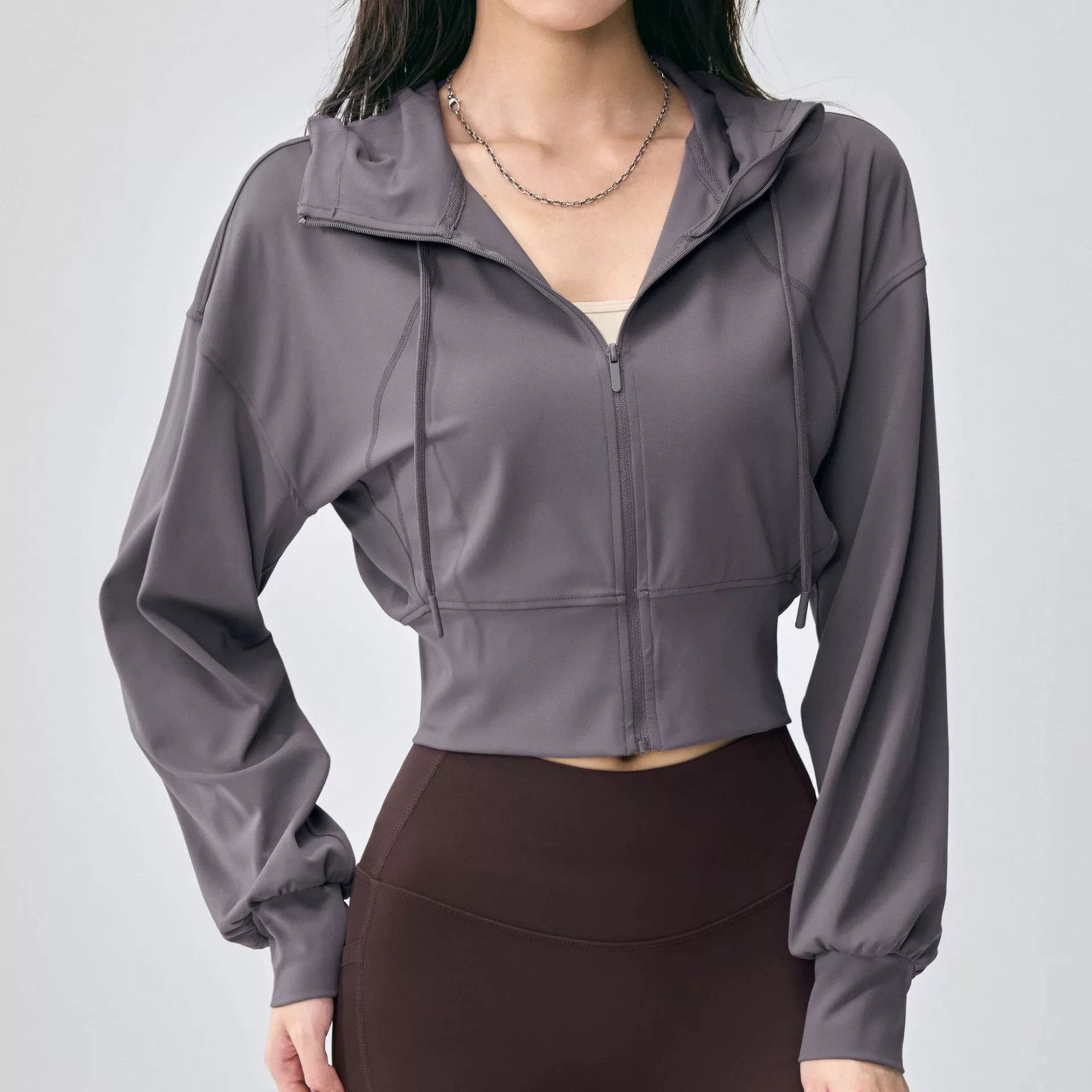 秋季瑜伽服短款连帽外套女子抽绳户外长袖瑜伽服百搭健身运动夹克