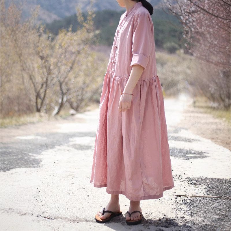 苎麻女装 中式立领盘扣苎麻宽松连衣裙长款复古裙子