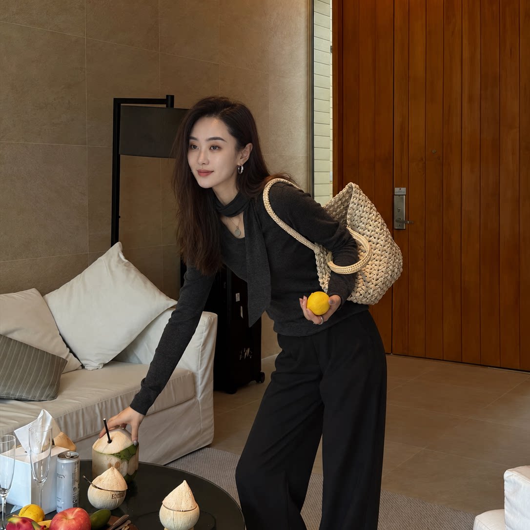 Pralado极简风针织衫女深灰色长袖打底衫舒适基础款上衣6753