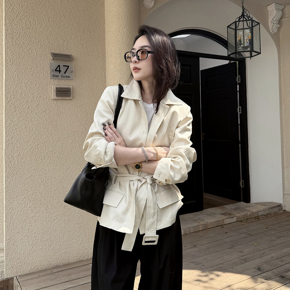 Pralado老钱风卡其色翻领外套女收腰腰带设计感气质衬衫6379