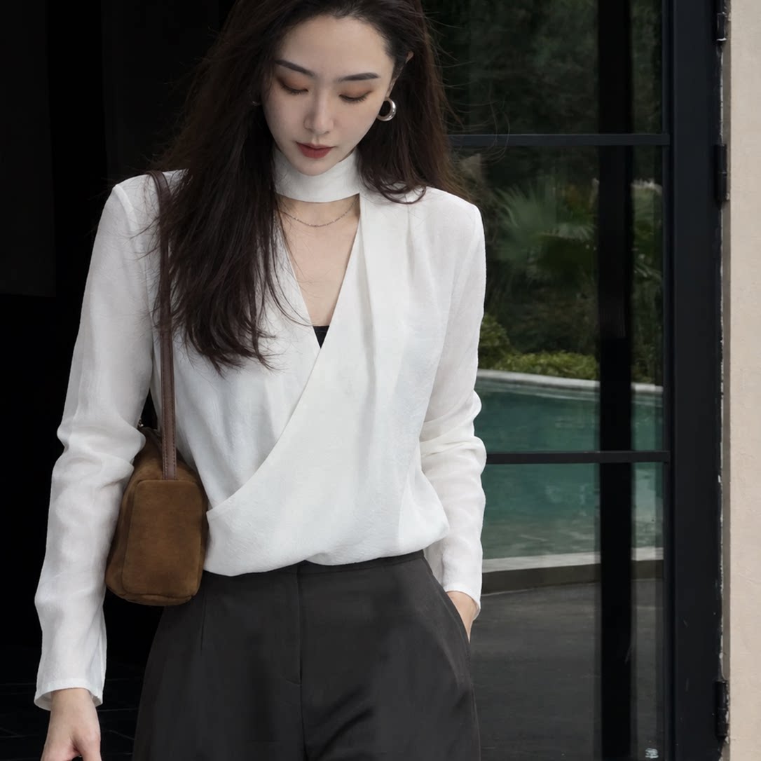 Pralado轻熟优雅风V领长袖衬衫女褶皱肌理感气质上衣5806
