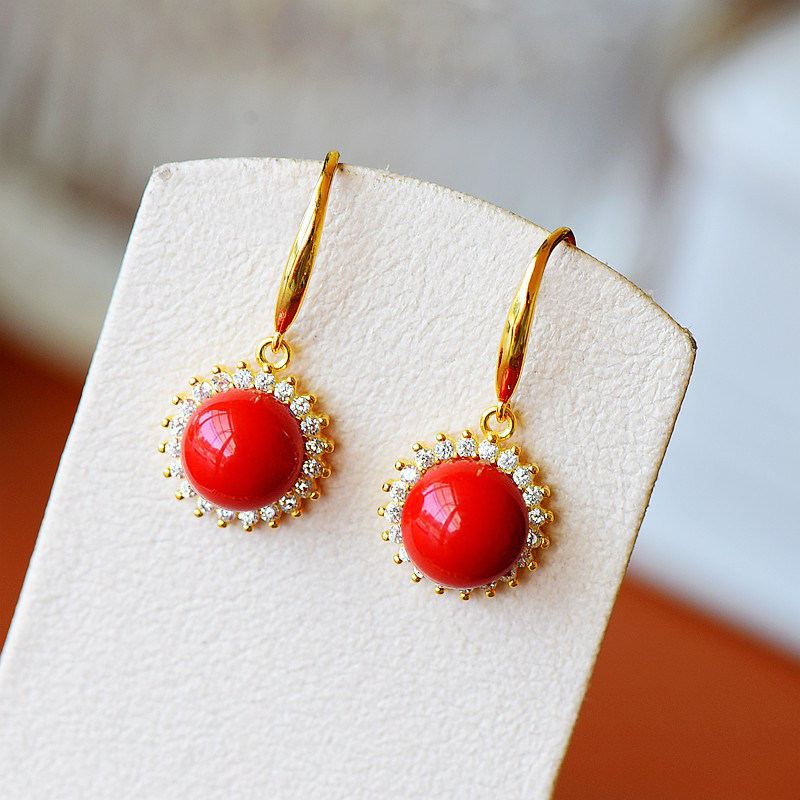 S925纯银耳坠空托配件时尚女款馒头珠圆形DIY蜜蜡松石珍珠镶嵌托8