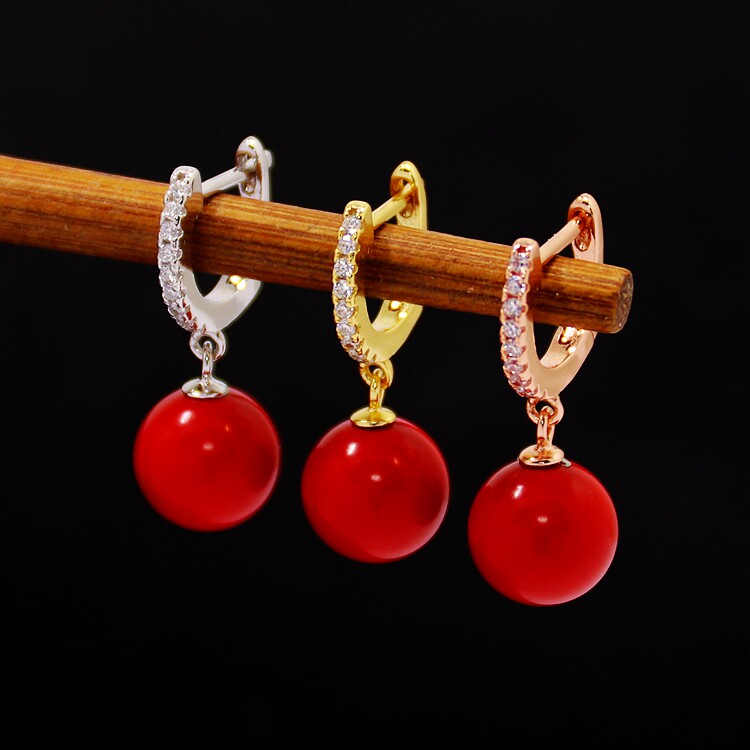 S925纯银耳环空托时尚女款耳坠耳环银托圆珠DIY蜜蜡松石珍珠镶嵌