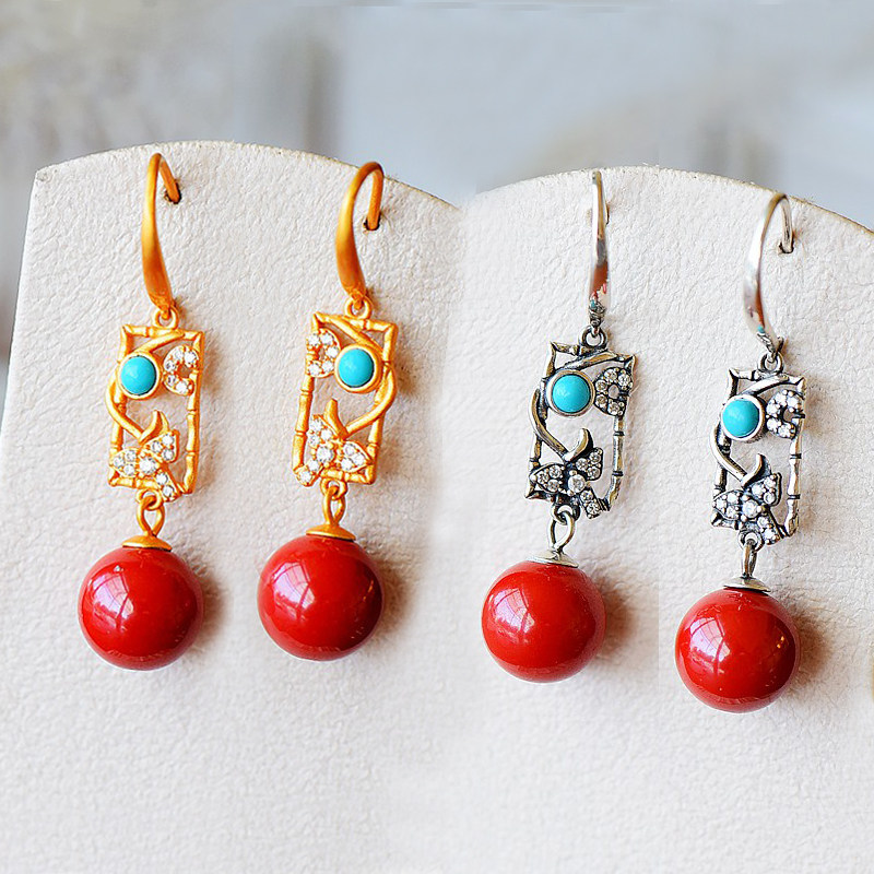 S925纯银耳钉耳坠耳饰配件空托女款DIY圆珠蜜蜡松石玉石珍珠镶嵌