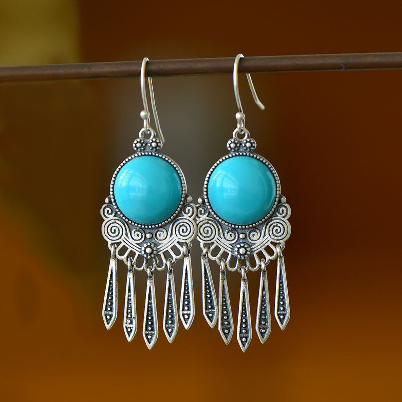 S925纯银耳坠空托复古泰银流苏女款12*12圆形DIY蜜蜡松石玉石镶嵌