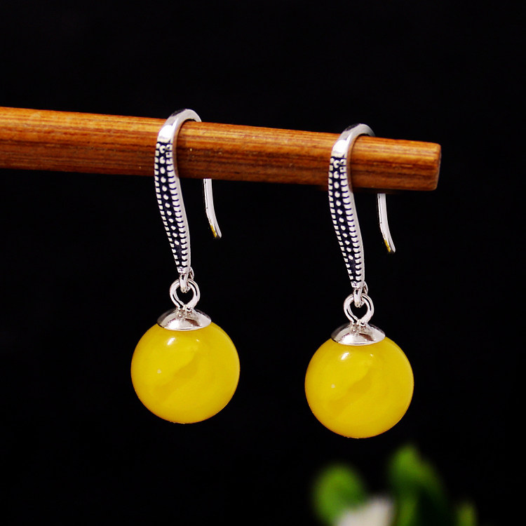 S925纯银耳坠空托复古泰银女款耳钩圆珠DIY蜜蜡松石玉石镶嵌6-13