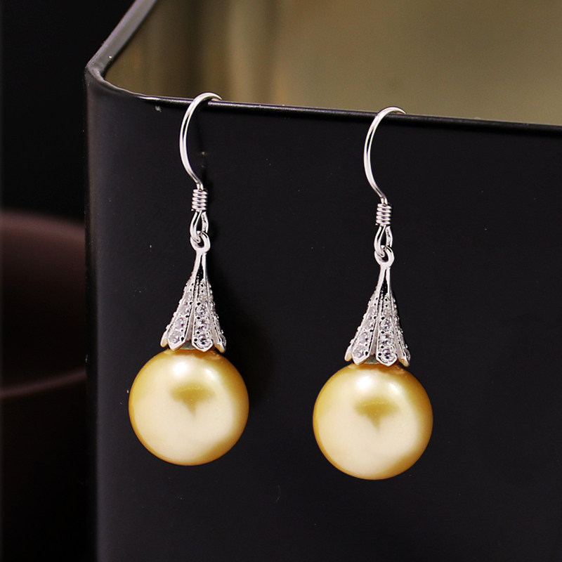 S925纯银耳坠空托耳饰时尚女圆珠DIY蜜蜡松石琥珀珍珠镶嵌耳环托