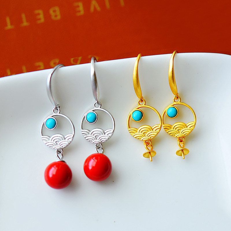 S925纯银耳坠空托女款云纹古法金色圆珠DIY蜜蜡松石玉石珍珠镶嵌