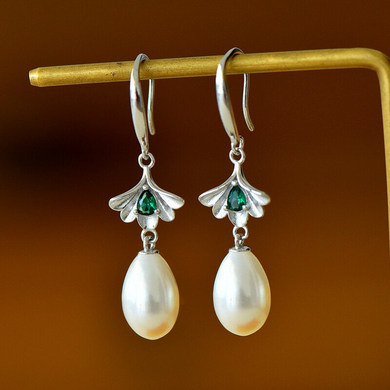 S925纯银耳坠耳饰空托时尚女款圆珠珍珠DIY镶嵌蜜蜡琥珀玉石松石