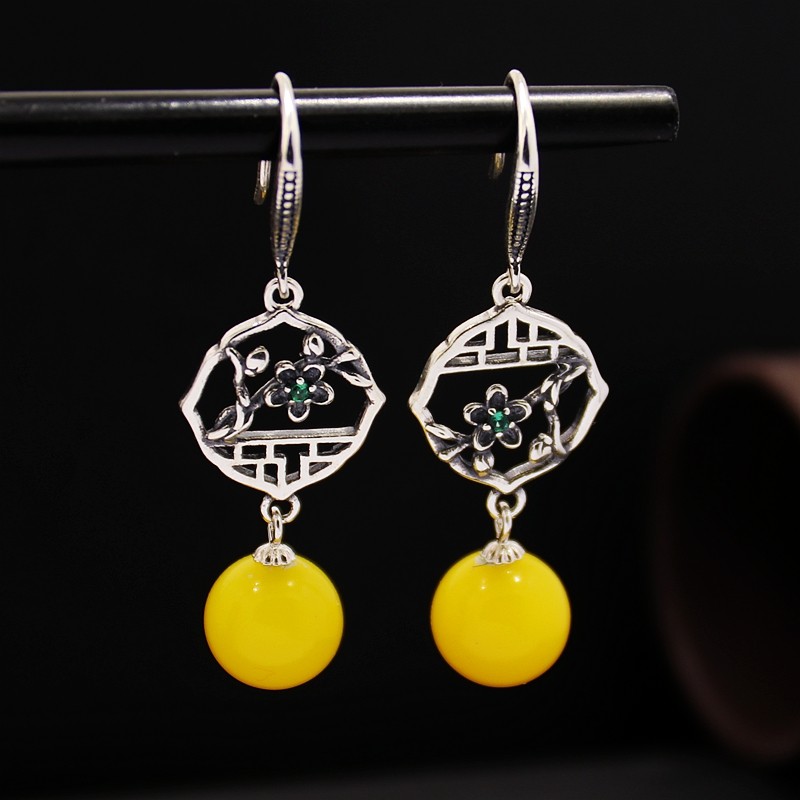 S925纯银耳环耳坠空托女款梅花圆珠DIY蜜蜡松石琥珀玉石珍珠镶嵌