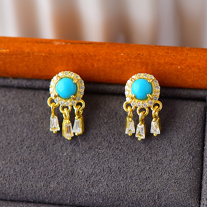 diy流苏四爪玉石翡翠镶嵌耳钉