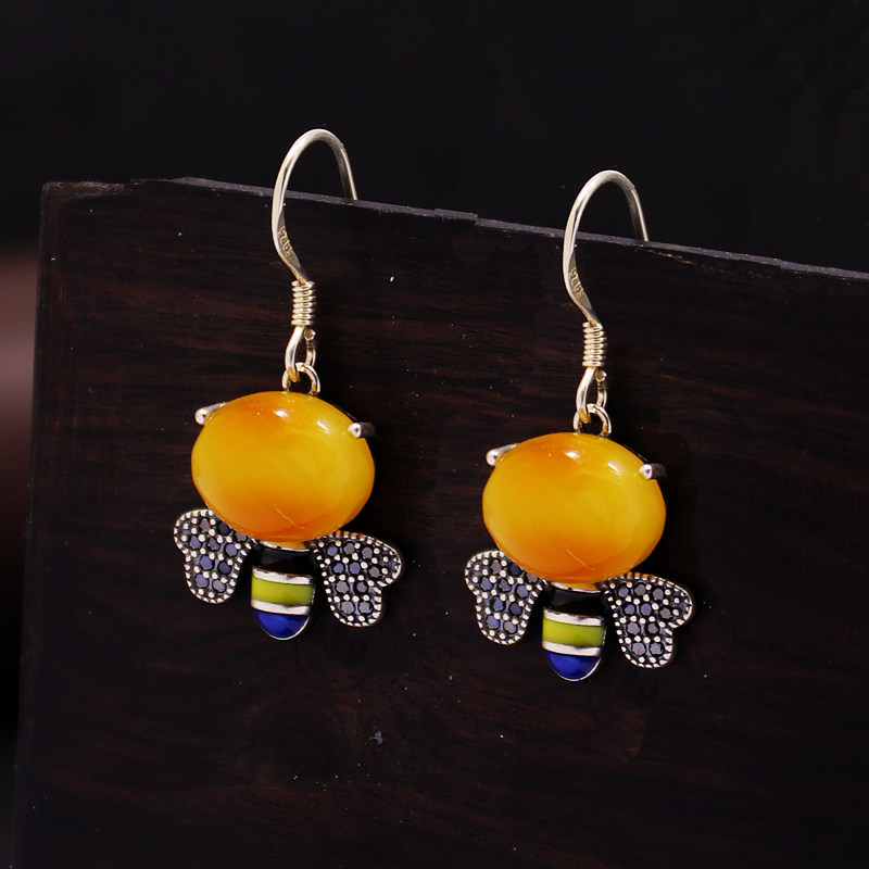 S925纯银耳坠空托女款景泰蓝小蜜蜂DIY蜜蜡松石琥珀玉石镶嵌8*10