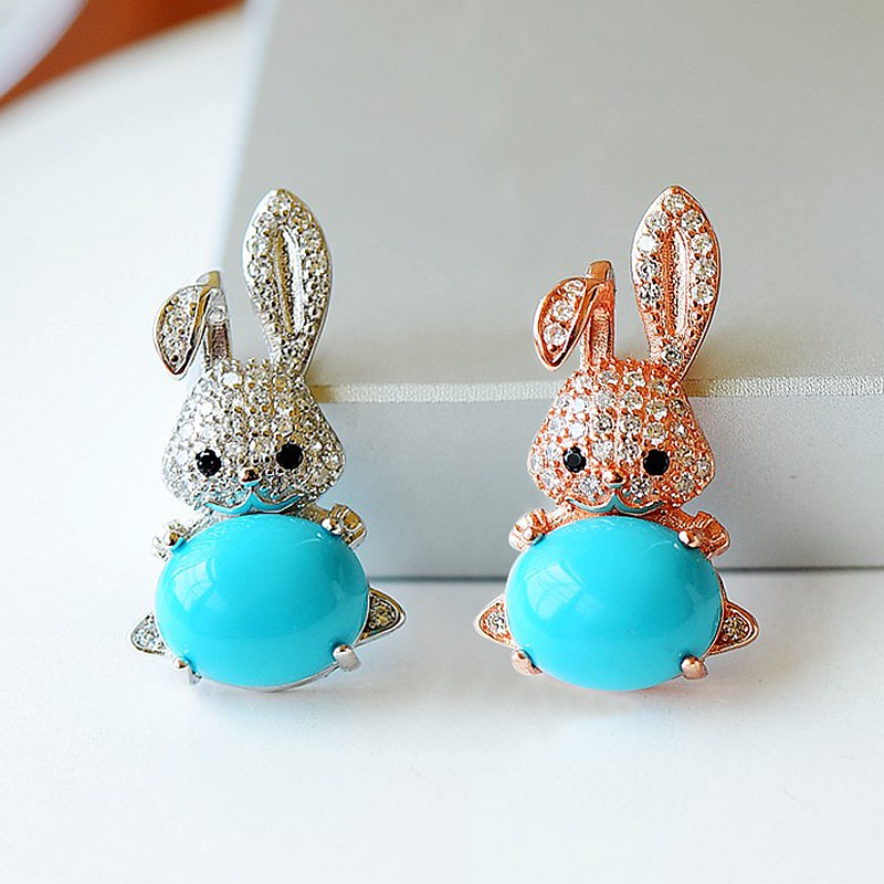 S925纯银吊坠空托时尚女款四爪小萌兔DIY蜜蜡松石玉石翡翠镶嵌7*8