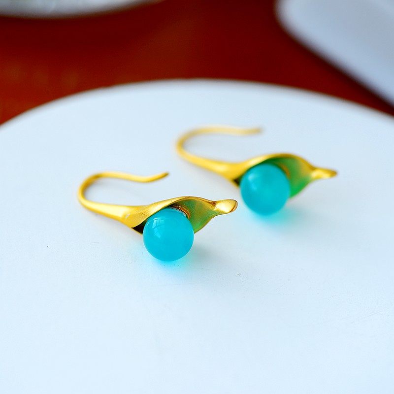 S925纯银耳坠空托配件时尚女款封底圆珠DIY蜜蜡松石珍珠镶嵌托5-7