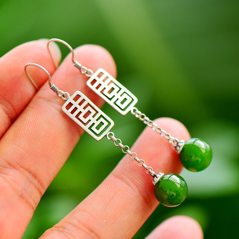 S925纯银耳坠空托耳线复古女款双喜DIY蜜蜡松石珍珠玉石圆珠镶嵌