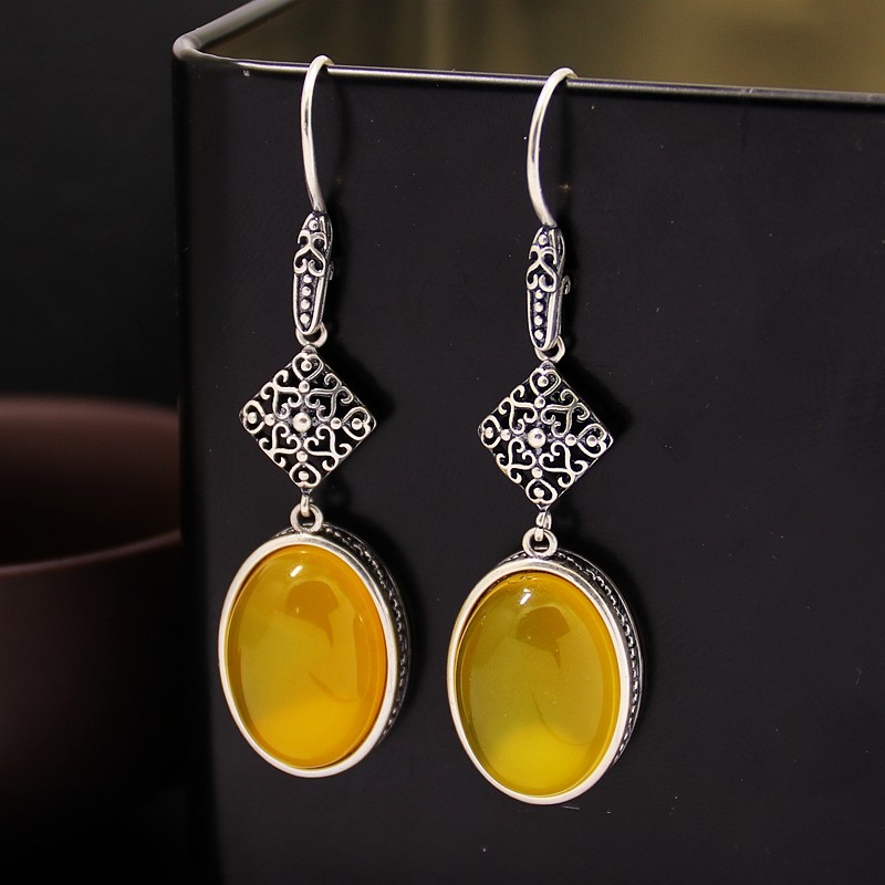 S925纯银耳坠耳吊空托复古女中国结DIY蜜蜡松石琥珀玉石镶嵌13*18