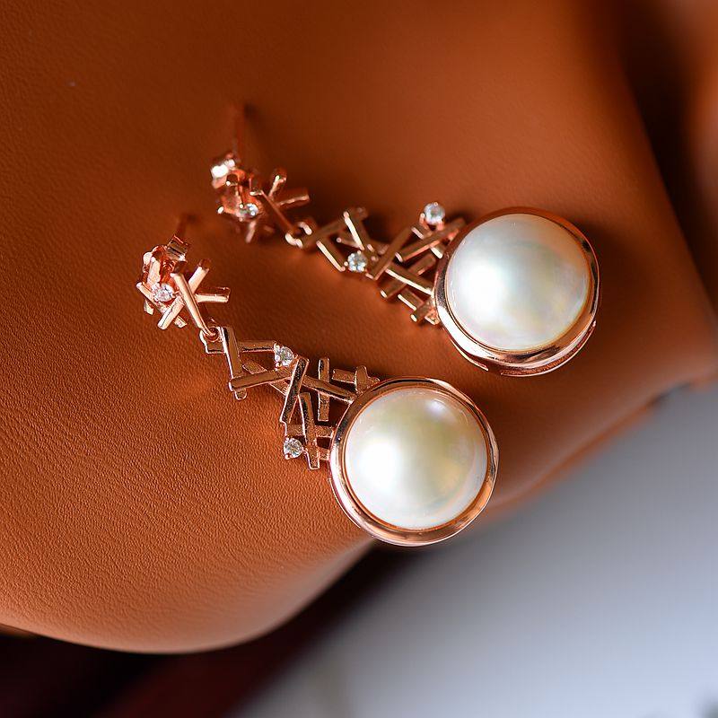 S925纯银耳钉耳坠空托女设计款圆形DIY蜜蜡松石马贝珍珠镶嵌托13