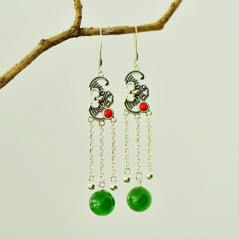 S925纯银耳坠饰空托复古女款有福气圆珠DIY蜜蜡松石珍珠玉石镶嵌