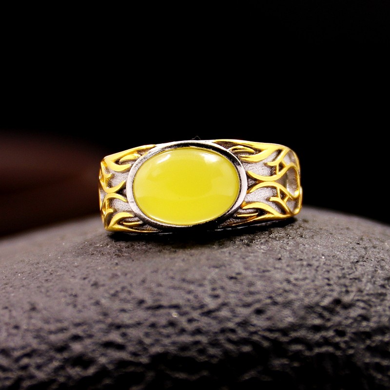 S925纯银戒指空托时尚男女款镀金DIY蜜蜡松石琥珀玉石镶嵌托8*11