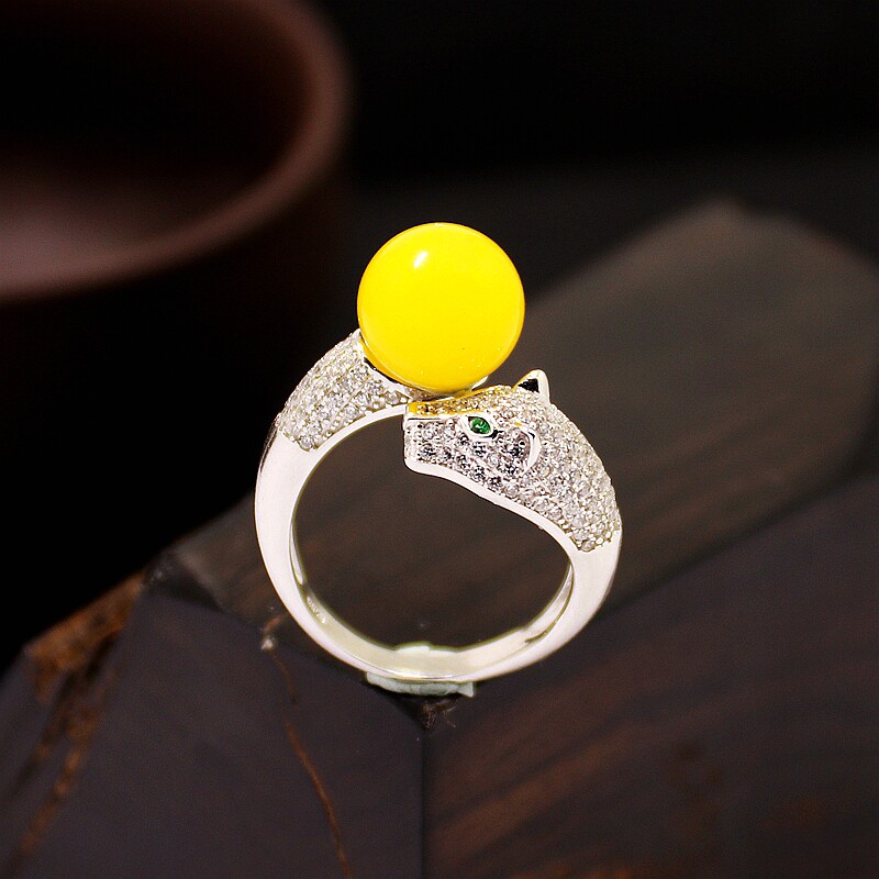 纯银戒指空托豹子头DIY珍珠镶嵌