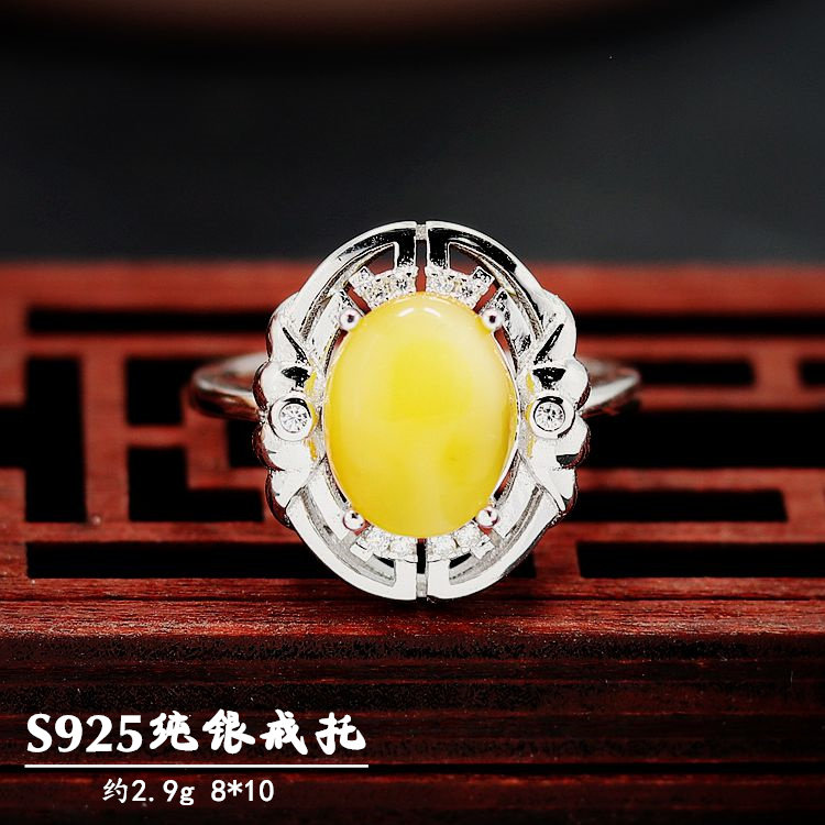 S925纯银戒指空托时尚女款微镶戒托DIY蜜蜡琥珀松石镶嵌开口8*10