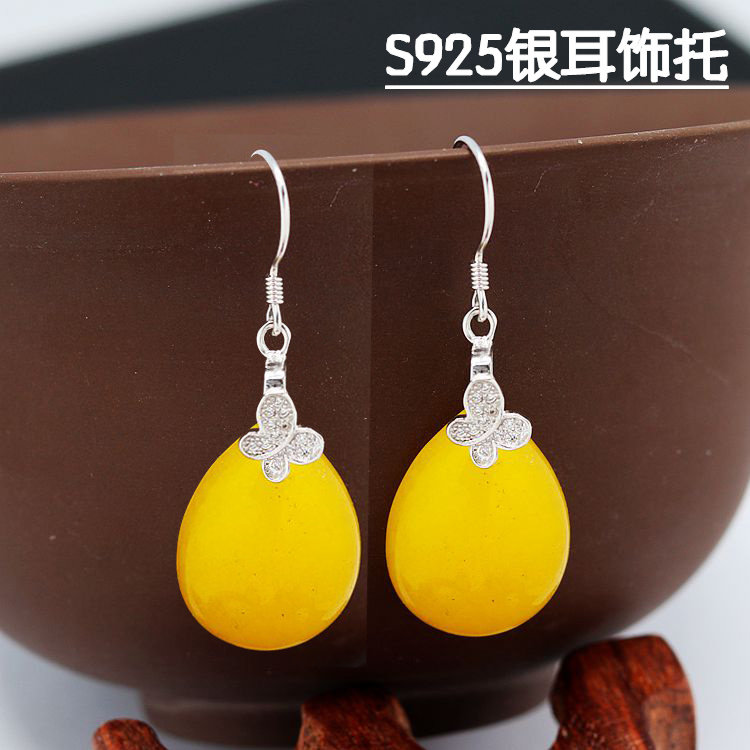S925纯银耳饰空托耳坠夹扣时尚蝶恋女款DIY蜜蜡琥珀松石吊坠扣子