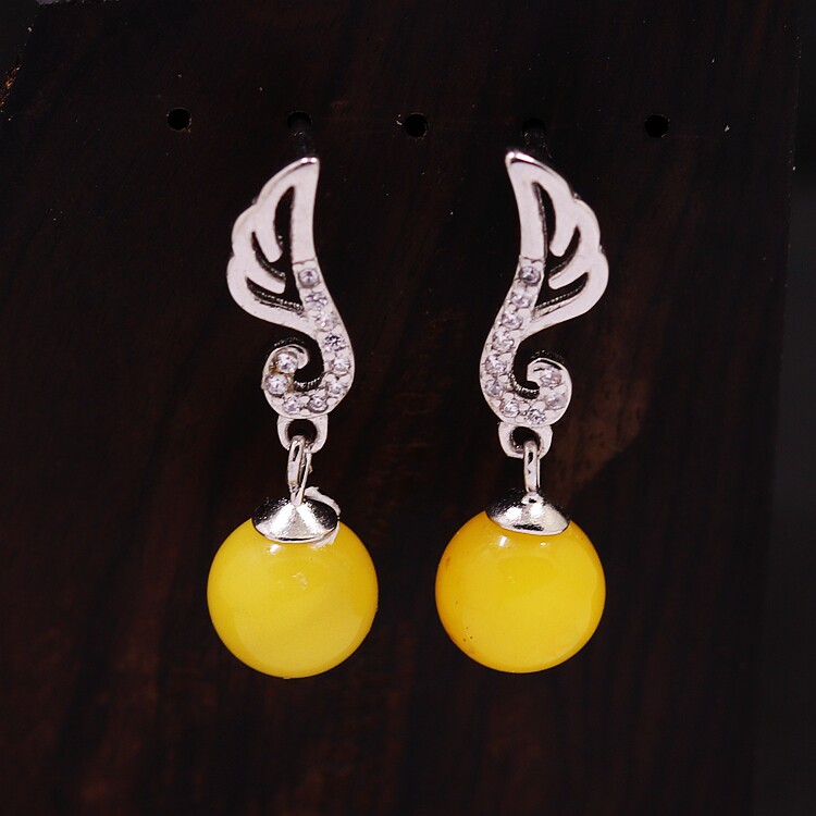 S925纯银耳钉空托耳坠女款天使翅膀圆珠蓝珀珍珠镶嵌DIY蜜蜡松石