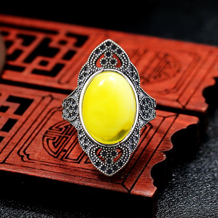 S925纯银戒指空托时尚女款复古泰银DIY蜜蜡松石镶嵌活口银托12*16