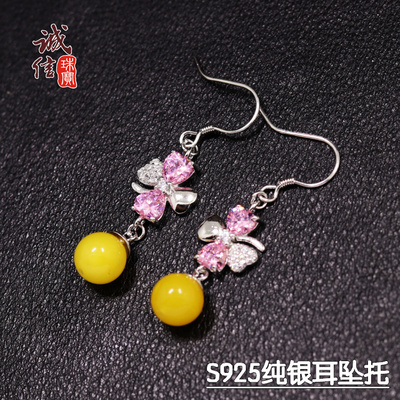 镶嵌蜜蜡宝石蓝珀银耳钉