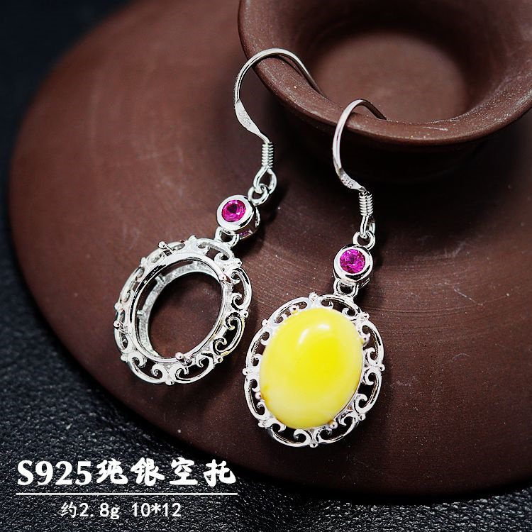 S925纯银耳坠空托耳吊耳饰时尚女款四爪DIY蜜蜡琥珀松石镶嵌10*12