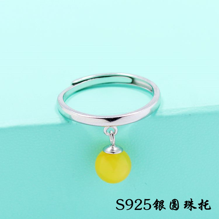 S925纯银戒指空托时尚女款圆珠DIY蜜蜡松石琥珀镶嵌玉石开口托4-7