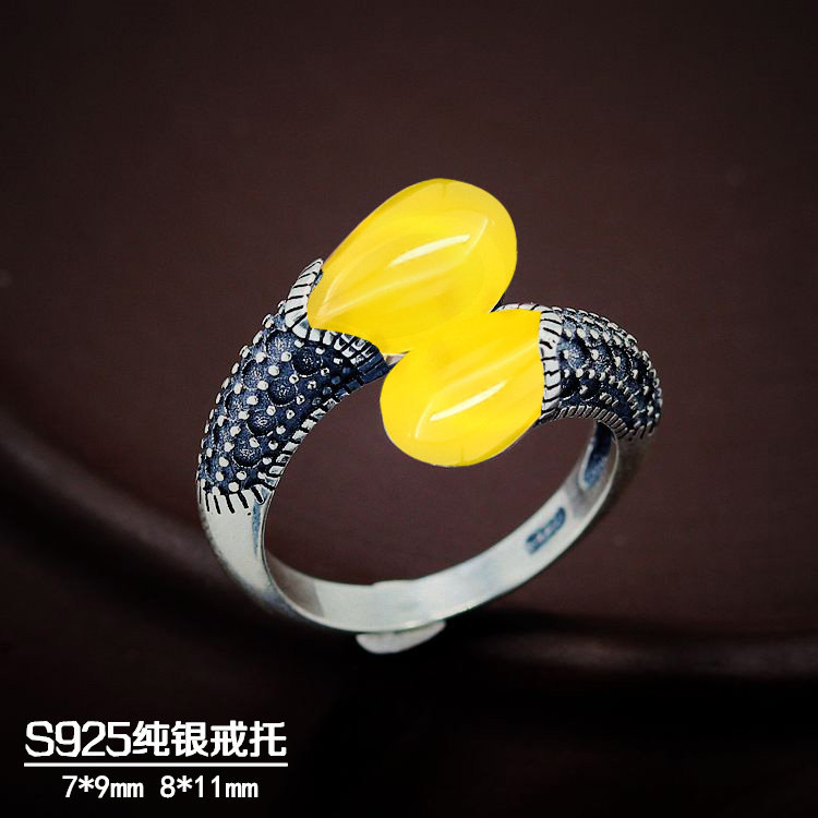 S925纯银戒指空托泰银女款活口DIY蜜蜡琥珀松石镶嵌水滴7*9 8*11