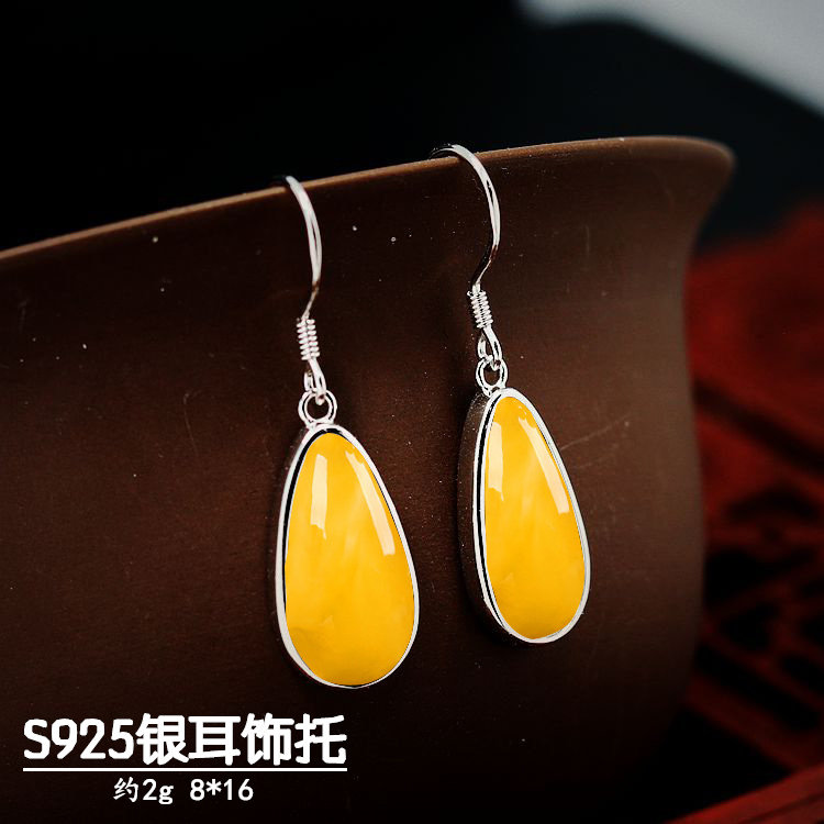 925纯银耳坠空托水滴形耳饰银托时尚女款DIY蜜蜡琥珀松石镶嵌8*16