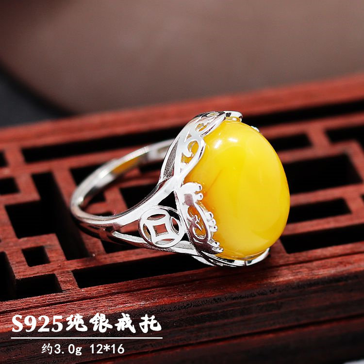S925纯银戒指空托时尚女款财源滚滚DIY蜜蜡琥珀松石镶嵌开口12*16