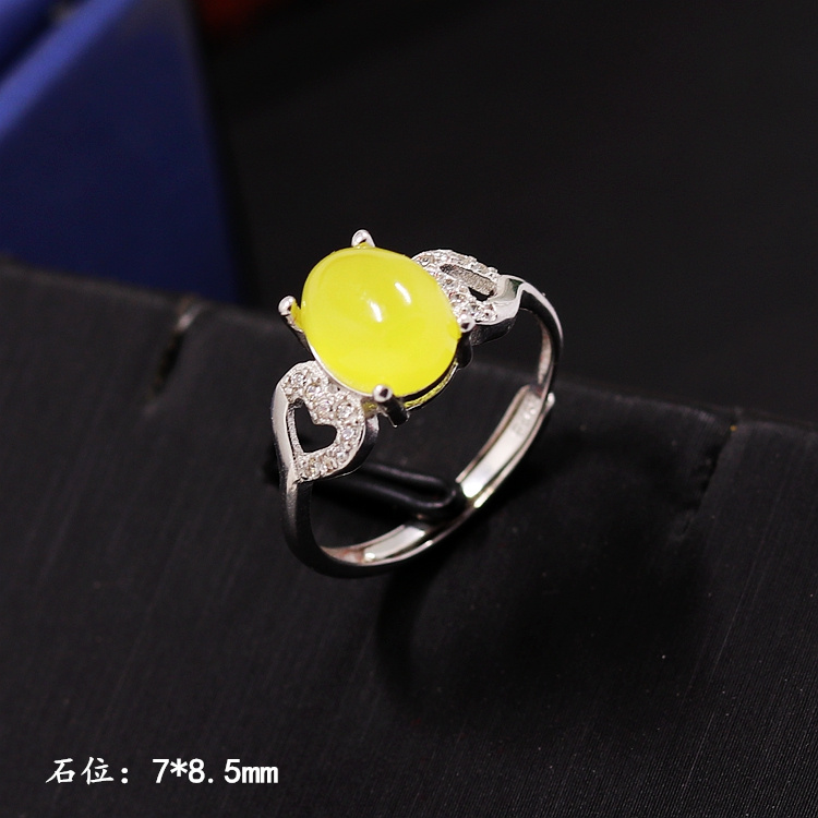 S925纯银戒指空托时尚女款微镶四爪DIY蜜蜡松石琥珀镶嵌开口7*8.5