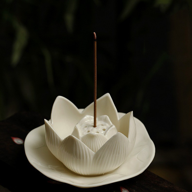 家用室内佛堂摆件陶瓷白瓷莲花檀香熏香炉7孔香插烛台香座多功能