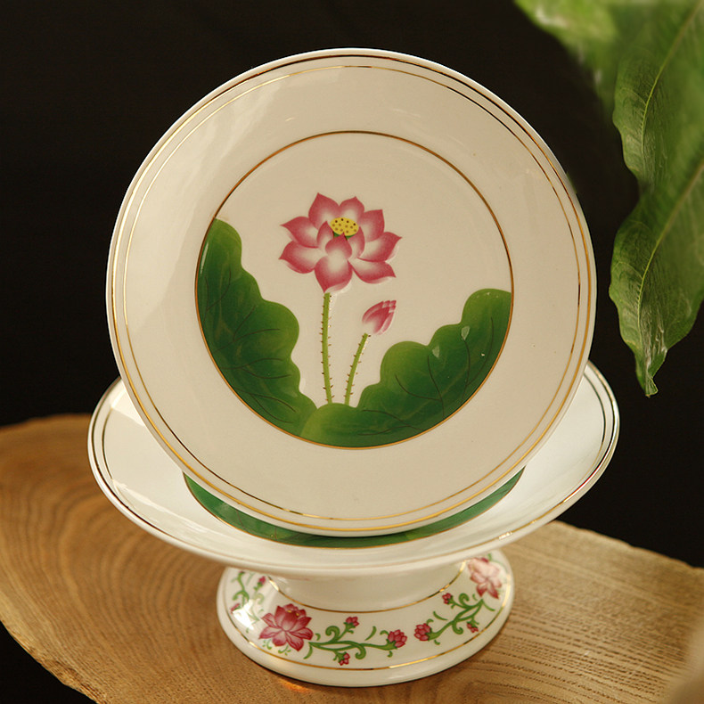 家居佛堂供佛观音莲花水果盘果盆陶瓷彩绘莲叶荷花供盘果碟7/8寸