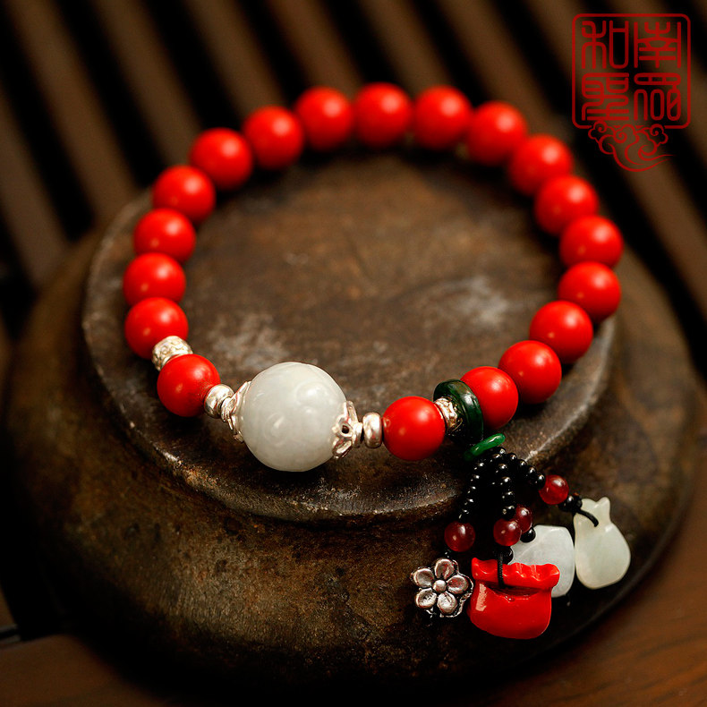 包邮和南圣众天然朱砂手串8mm配925银佛珠女款手链本命年手串